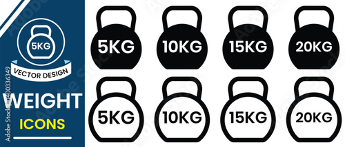 Kettlebell icons vector set. Silhouette of Kettlebell, weight icons. Weight icon, mass symbol, kilogram icon, Heavy weight sign. Vector illustration.