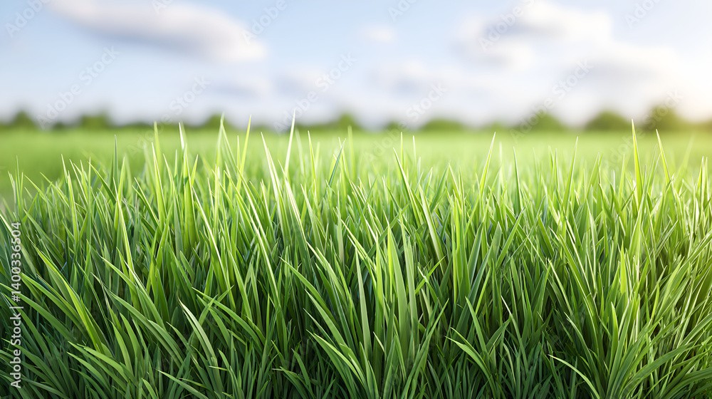 Fototapeta premium Lush green grass swaying gently under a clear blue sky in a serene open field during daytime