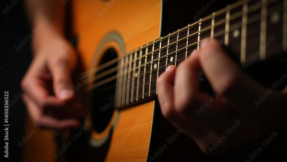 Fototapeta premium Guitarist hands playing an acoustic guitar, artistic expressive image