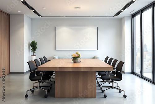 Modern meeting room with solid wood table. 3d rendering. photo