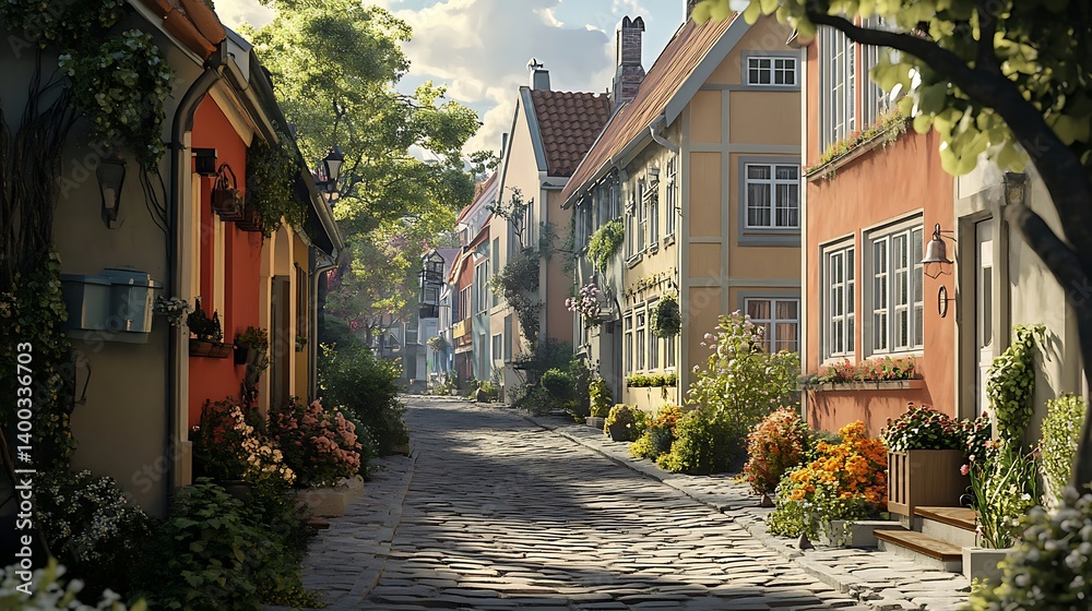 Fototapeta premium A picturesque european alleyway lined with colorful buildings and vibrant gardens.