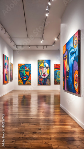 A contemporary art gallery displaying various abstract pictures on its walls