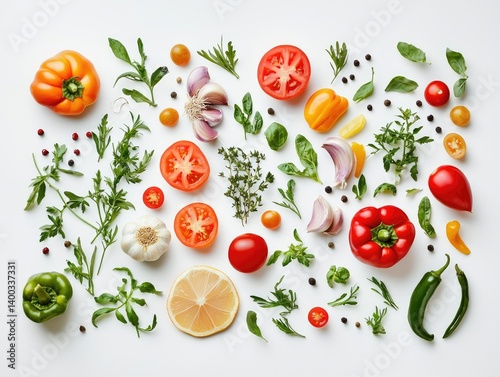 Colorful Fresh Produce and Herbs Arrangement