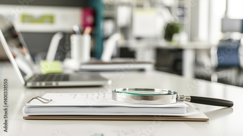 Wallpaper Mural Close-up of a neatly organized stack of insurance documents with a magnifying glass on top, showcasing professionalism and attention to detail in a modern office setting.
 Torontodigital.ca