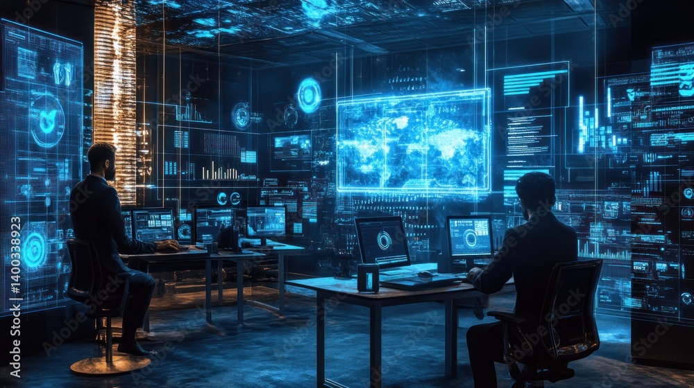 Global Network Monitoring Center: Cybersecurity Professionals Analyzing Data Streams Global Network Monitoring Center: Cybersecurity Professionals Analyzing Data Streams