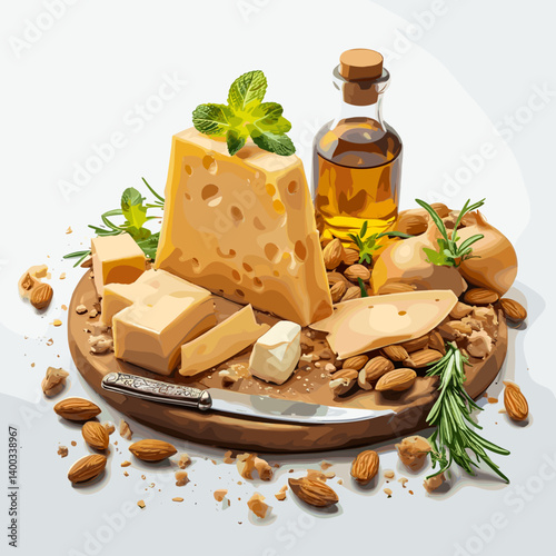 Cheese platter with herbs and almonds on a wooden board  
