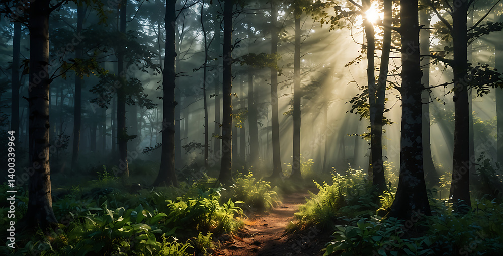 Fototapeta premium Sunlight Streaming Through Trees on Misty Forest Path Surrounded by Vibrant Ferns