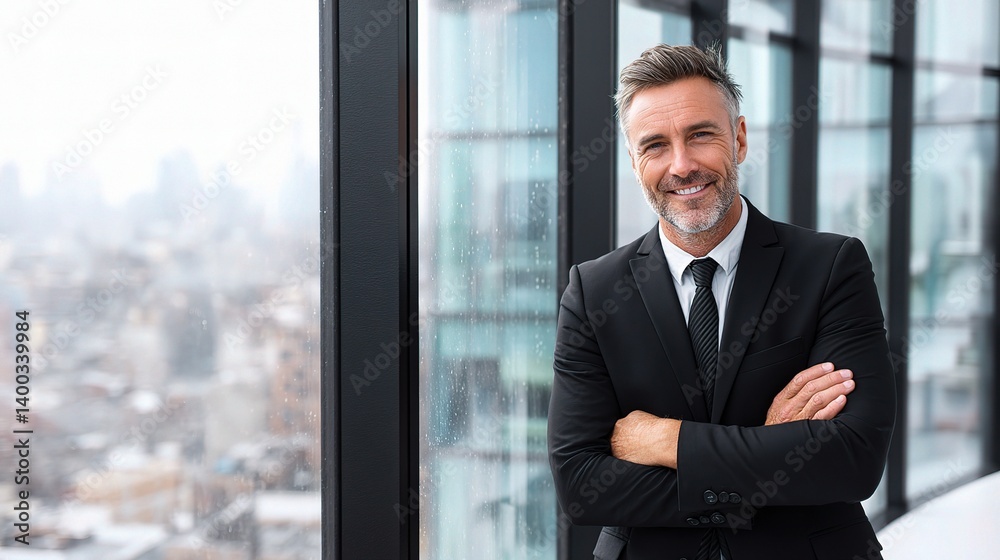 Successful CEO Standing by Window with Urban View in Background Successful CEO Standing by Window with Urban View in Background