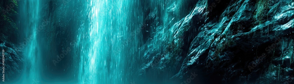A tranquil waterfall cascades over dark rocks, illuminated by a soft turquoise glow, creating a serene and peaceful atmosphere.