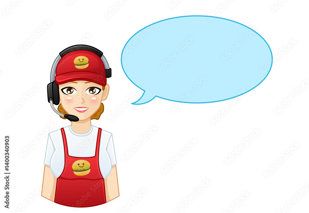 Female employee of a fast food restaurant chain. The character has a comic speech bubble next to it. Female employee of a fast food restaurant chain. The character has a comic speech bubble next to it.