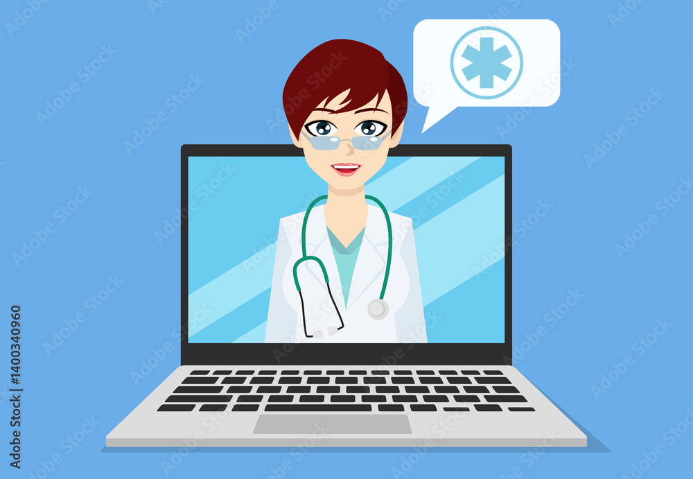 Female doctor on laptop screen. Smiling female doctor with short hair, glasses and a coat with a cloud and a medical icon. Flat design illustration. Female doctor on laptop screen. Smiling female doctor with short hair, glasses and a coat with a cloud and a medical icon. Flat design illustration.