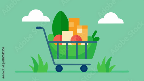 Shopping Cart of Eco Goods A shopping cart filled with ecofriendly products like reusable bags natural soaps and organic produce set against a simple backdrop of green grass.