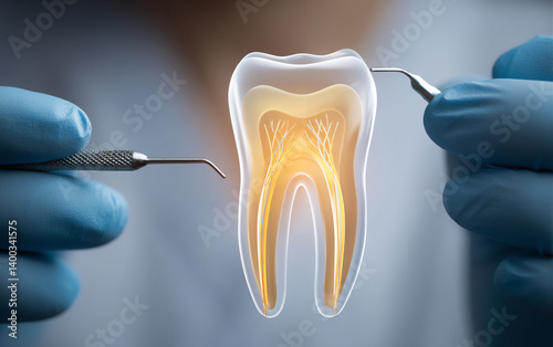 The dentist is researching root canal treatment.