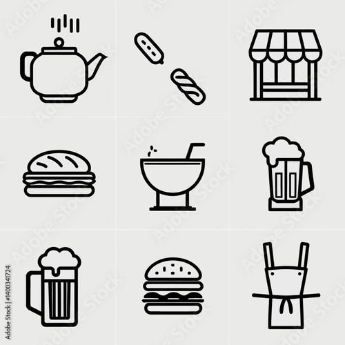 Icon set of food and drink with market stand and apron