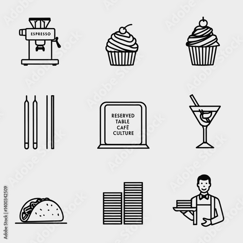 Cafe Culture Iconography: Espresso Machine, Cupcakes, Cocktail, Taco, Waiter