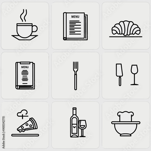 Restaurant Icons: Menu, Coffee, Food, Drink, Line Art.