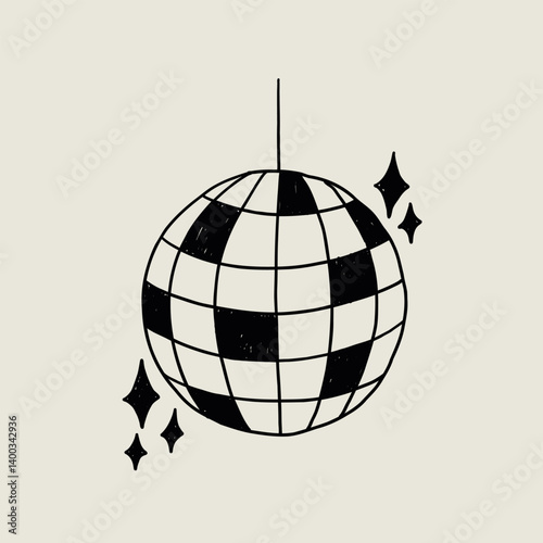 Disco Ball Doodle Line Black Icon with Music Notes. Mirror Dance Celebration Discoball. Sketch Vector Illustration