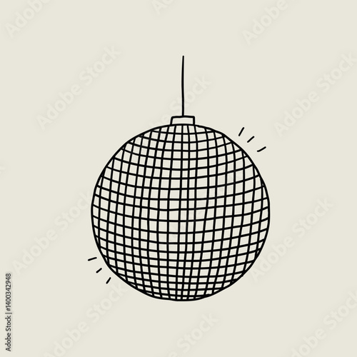 Disco Ball Doodle Black Line Icon. Mirror Dance Celebration Discoball. Sketch Vector Illustration