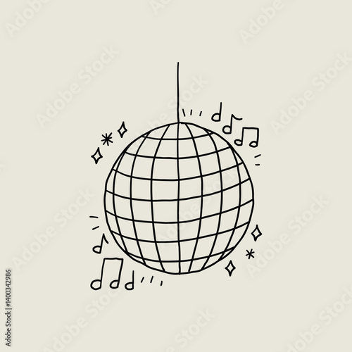 Disco Ball Doodle Line Icon with Music Notes. Mirror Dance Celebration Discoball. Sketch Vector Illustration