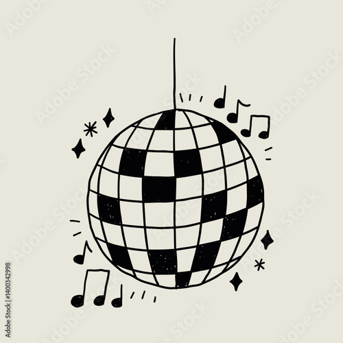 Disco Ball Doodle Line Icon with Simple Music Notes. Mirror Dance Celebration Discoball. Sketch Vector Illustration