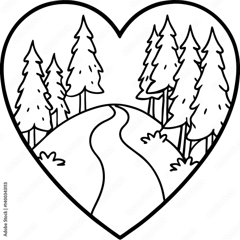 Forest Path Forming a Heart Shape Line Art Forest Path Forming a Heart Shape Line Art