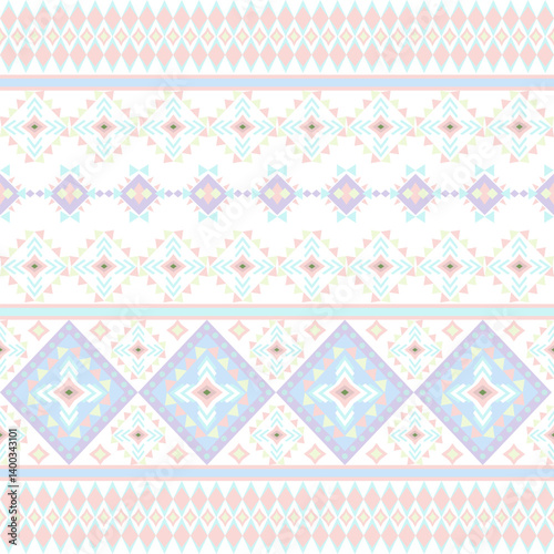 Soft blue and pink geometric Native American pattern, Navajo style, boho style, Aztec style. Vector texture for textiles, curtains, wallpaper, rugs, tiles, pottery, and elaborate borders.