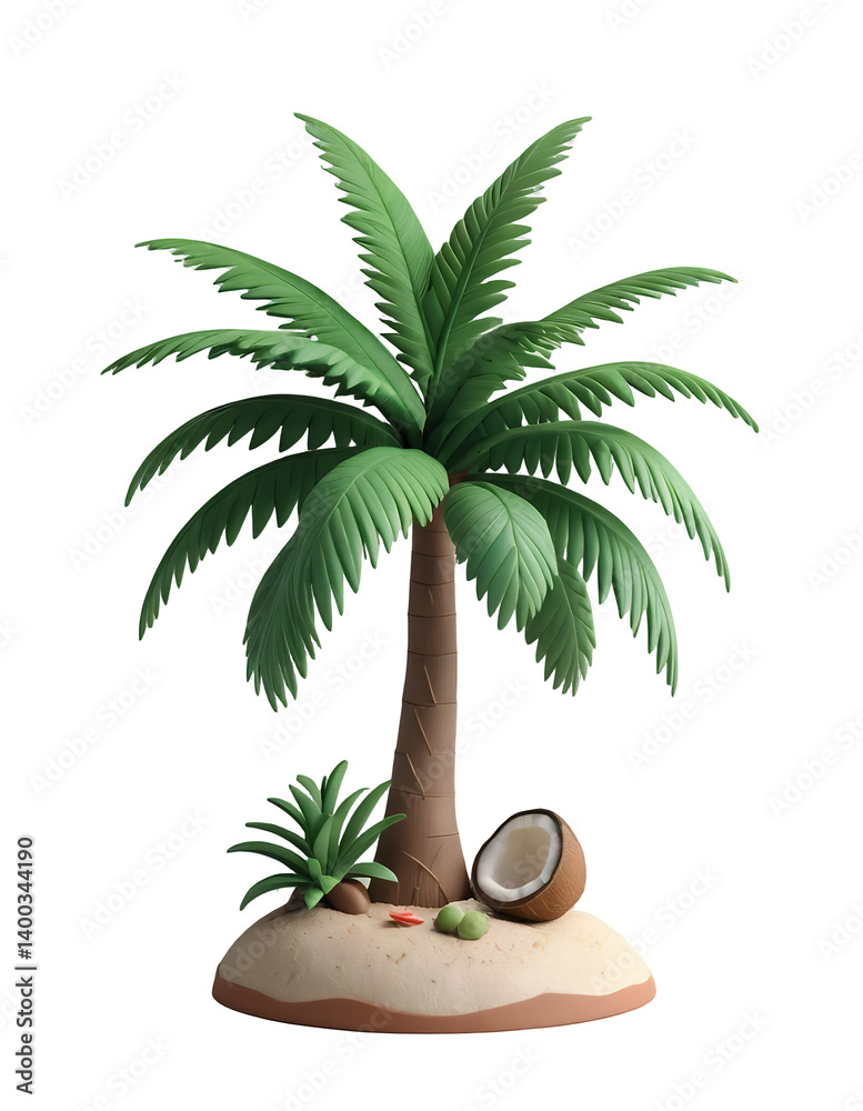 Fototapeta premium Palm Tree on Tiny Island with Coconut and Black Background