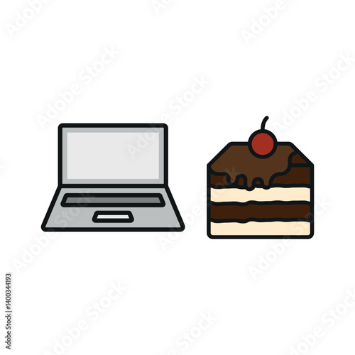 Laptop and tiramisu icon reflects sweet work breaks, cozy digital sessions, and elegant productivity vibes.