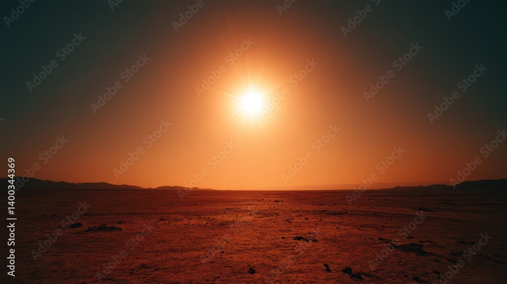 A breathtaking desert landscape is illuminated by a vibrant sunset, with intense heat creating a visible mirage on the horizon. The scene captures the beauty and vastness of the arid environment A breathtaking desert landscape is illuminated by a vibrant sunset, with intense heat creating a visible mirage on the horizon. The scene captures the beauty and vastness of the arid environment