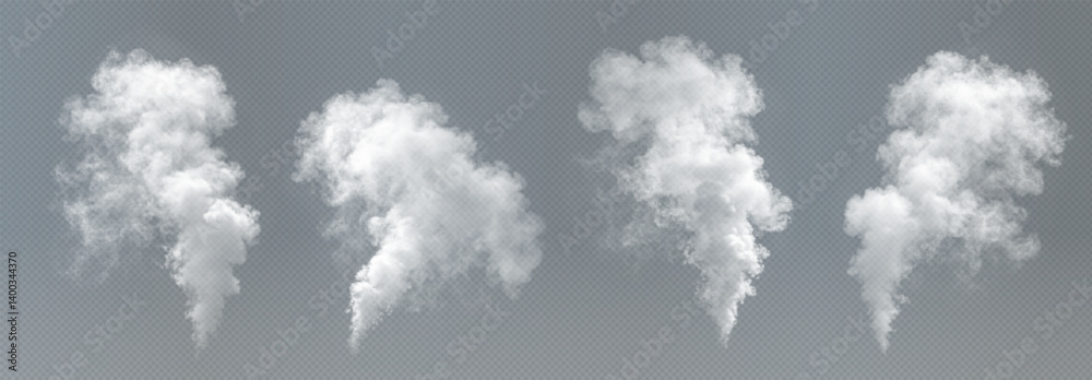 Set of white steam resembling smoke, isolated on a transparent background. Collection of dark smoke clouds. Set of white steam resembling smoke, isolated on a transparent background. Collection of dark smoke clouds.