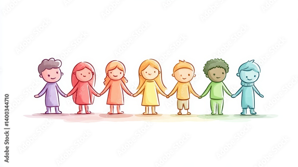 A group of diverse children, each wearing colorful clothing, stands side by side holding hands. They display joy and togetherness, symbolizing friendship across cultures A group of diverse children, each wearing colorful clothing, stands side by side holding hands. They display joy and togetherness, symbolizing friendship across cultures