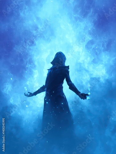Wallpaper Mural A powerful wizard stands in a mystical blue fog, casting spells with luminous orbs of magic in both hands. The atmosphere is charged with energy as twilight sets in Torontodigital.ca
