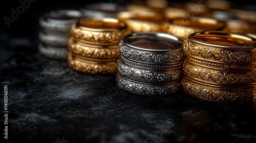 Elegant jewelry flat lay featuring gold and silver rings, bracelets, and earrings on a soft velvet background, moody lighting, luxury-themed high-resolution panoramic shot.