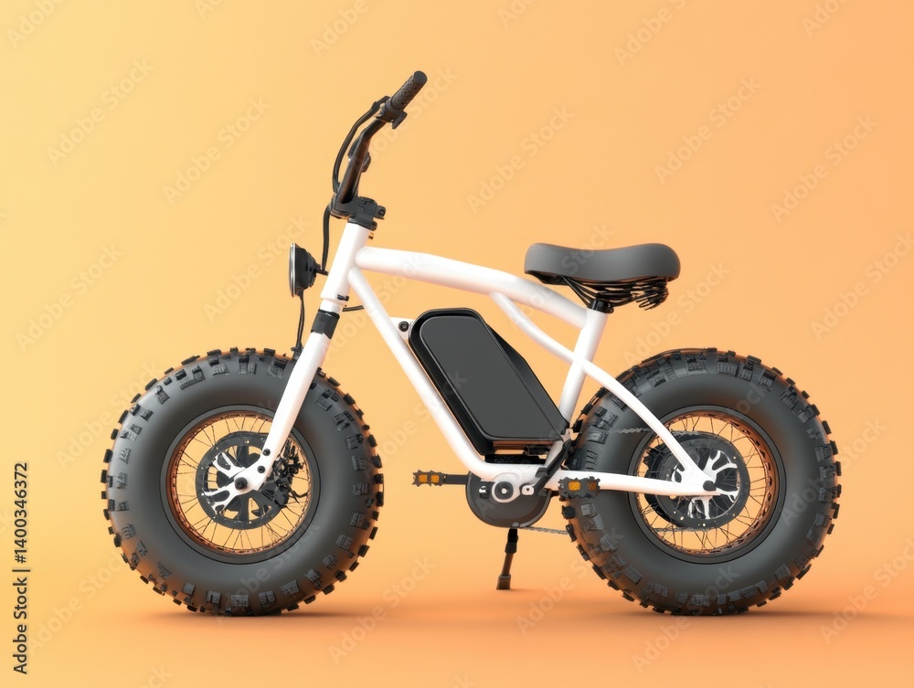 Modern white electric bike with thick tires on a peach background for urban commuting and outdoor adventures with a studio shot Modern white electric bike with thick tires on a peach background for urban commuting and outdoor adventures with a studio shot