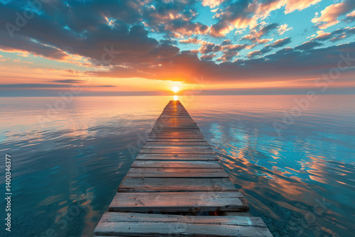 Pier lake nature sky sunset sea summer serene twilight colourful seascape smooth water surface wallpaper.