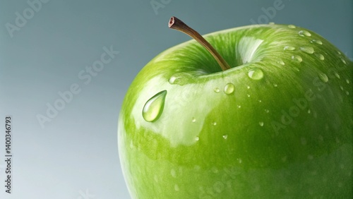 A vibrant green apple with glistening water droplets sits against a soft gray backdrop, emphasizing freshness, healthy eating, and the natural beauty of the fruit © Platon