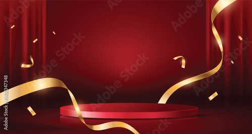 Elegant red empty podium with blank circle and golden confetti background. Luxury design for product display.
