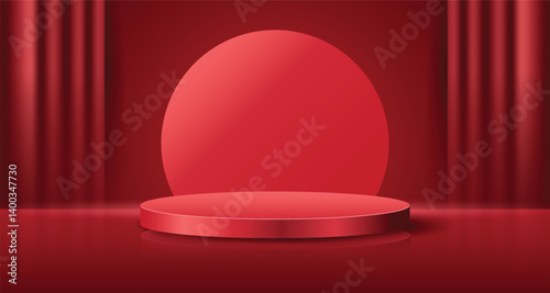 Elegant red empty podium with curtain background. Luxury design for product display.