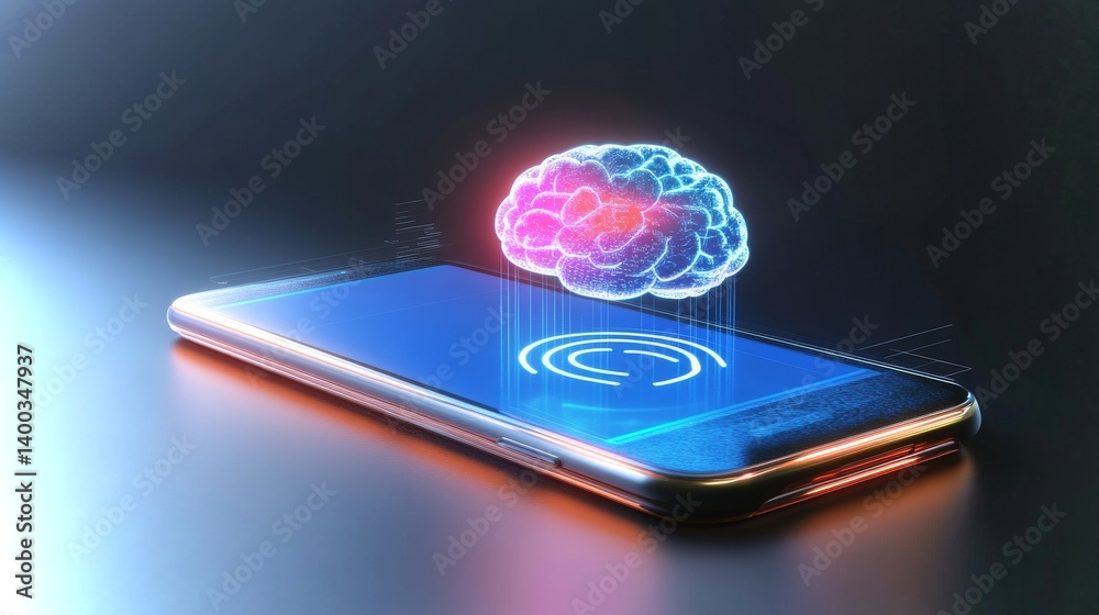 Realistic dark mode smartphone displaying a holographic brain with AI functionalities
