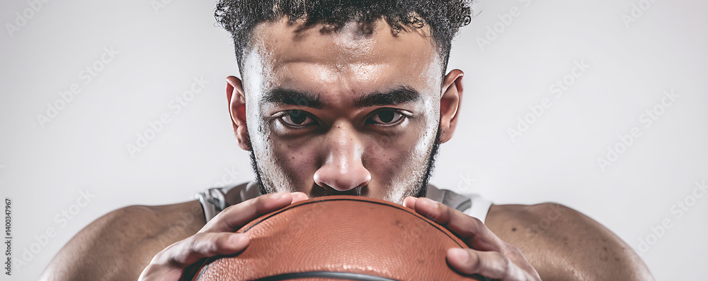 Close-up of a determined male basketball player covered in sweat holding a basketball with both hands while staring intensely forward against a neutral studio background