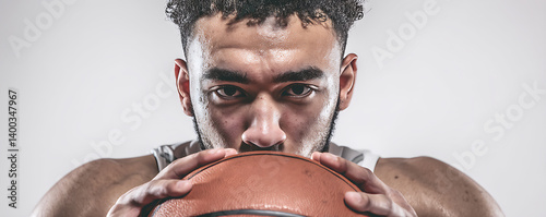 Obraz na płótnie Close-up of a determined male basketball player covered in sweat holding a basketball with both hands while staring intensely forward against a neutral studio background w salonie