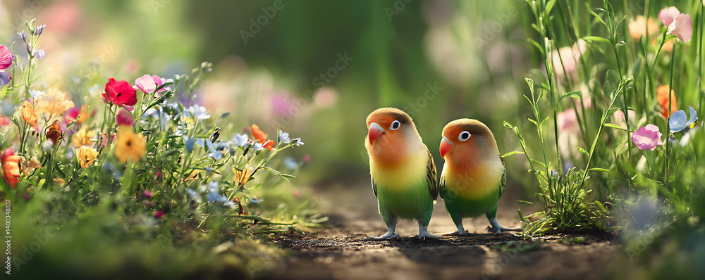 Pair of vibrant green yellow and orange lovebirds walking side by side on a grassy path surrounded by blooming wildflowers in a bright natural setting