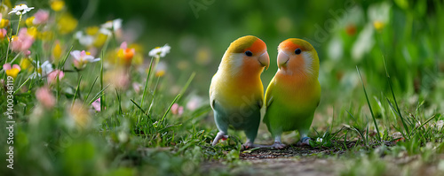 Obraz na płótnie Pair of vibrant green yellow and orange lovebirds walking side by side on a grassy path surrounded by blooming wildflowers in a bright natural setting w salonie