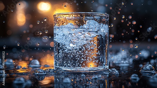 Empty glass jar, clear liquid, floating bubbles, black table surface, dramatic spotlight.