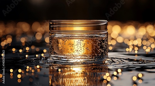 Empty glass jar, clear liquid, floating bubbles, black table surface, dramatic spotlight.