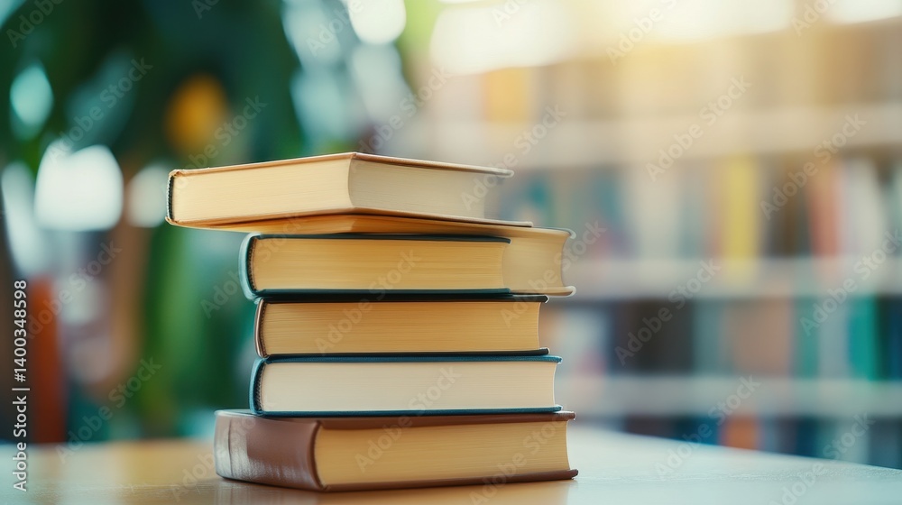 Stacked books on a table in a cozy library setting with soft lighting and blurred shelves Stacked books on a table in a cozy library setting with soft lighting and blurred shelves
