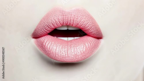 Pink lips slightly open showcasing white teeth, highlighting cosmetology, lip augmentation, and dentistry in a beauty and healthcare context