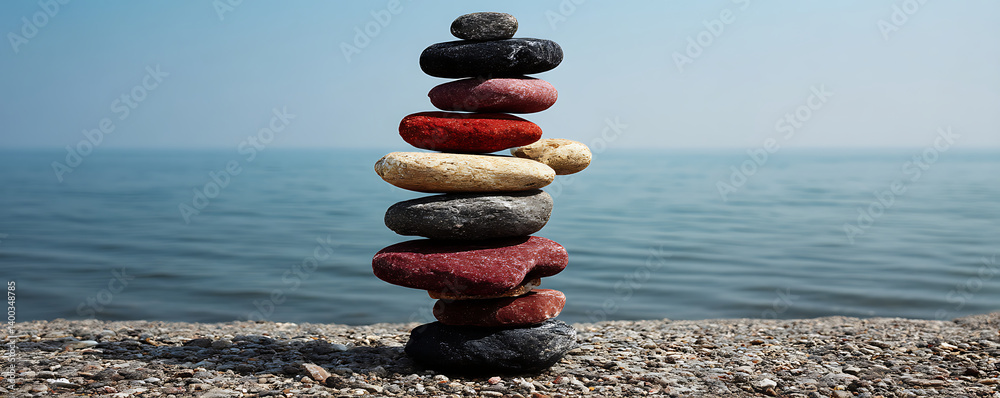 Artistic stack of smooth colorful stones arranged in a vertical formation resembling a human shape set against a blue sea and sky background on a natural surface