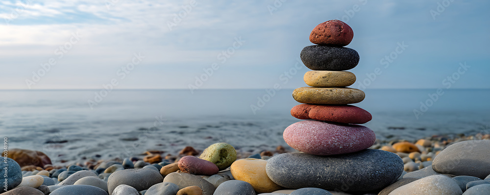 Artistic stack of smooth colorful stones arranged in a vertical formation resembling a human shape set against a blue sea and sky background on a natural surface
