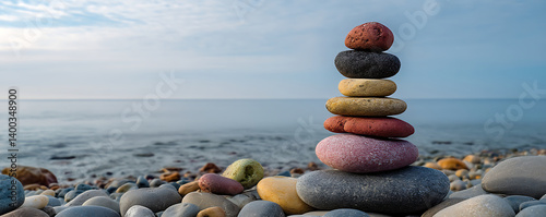 Obraz na płótnie Artistic stack of smooth colorful stones arranged in a vertical formation resembling a human shape set against a blue sea and sky background on a natural surface w salonie